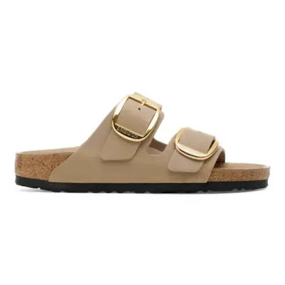 Birkenstock Arizona Big Buckle Oiled Leather sandals for women, narrow Tobacco Brown leather with arch support and gold buckle detail.