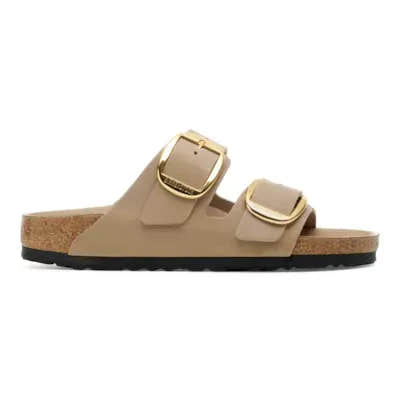 Birkenstock Arizona Big Buckle Oiled Leather sandals for women, narrow Tobacco Brown leather with arch support and gold buckle detail.