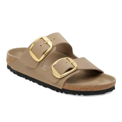 Birkenstock Arizona Big Buckle Oiled Leather sandals with gold buckle, narrow fit, tobacco brown leather, arch support for ladies.