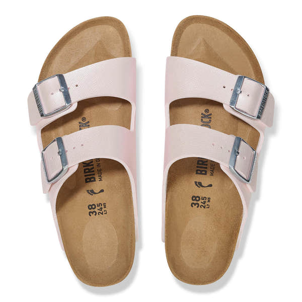 Birkenstock Arizona Birkoflor women's light iridescent pink slip-on sandals with arch support and adjustable buckle straps.
