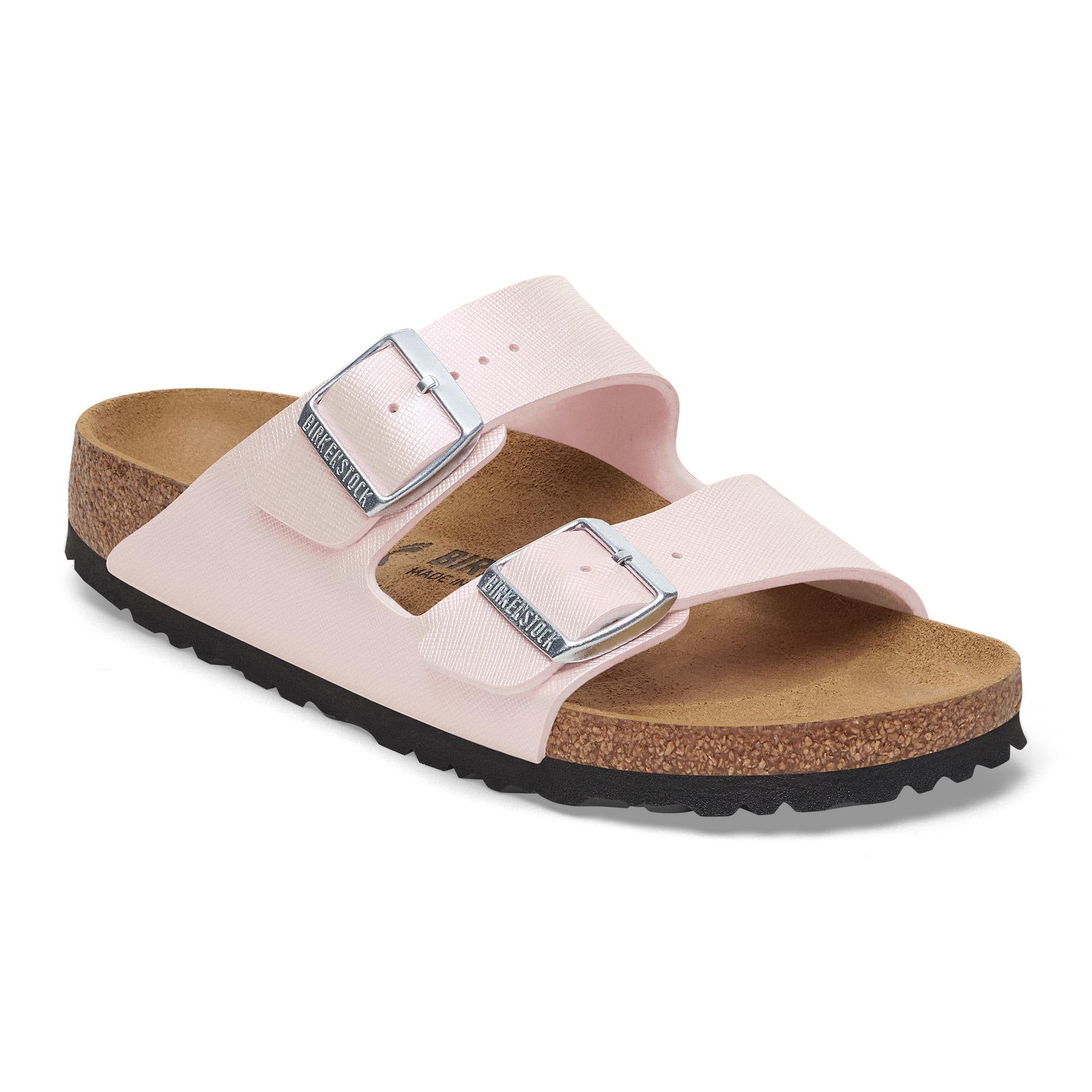 Birkenstock Arizona Birkoflor women's slip-on sandals with light pink iridescent straps, arch support, buckle closure, cork footbed.