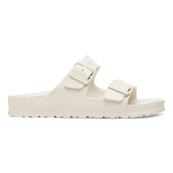 Birkenstock Arizona Essentials EVA unisex narrow slide sandals with waterproof design, arch support, and buckle straps in eggshell color.
