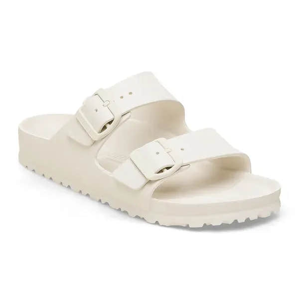 Unisex white Birkenstock Arizona Essentials EVA waterproof sandals with buckle, narrow fit, arch support, and slip-resistant sole.
