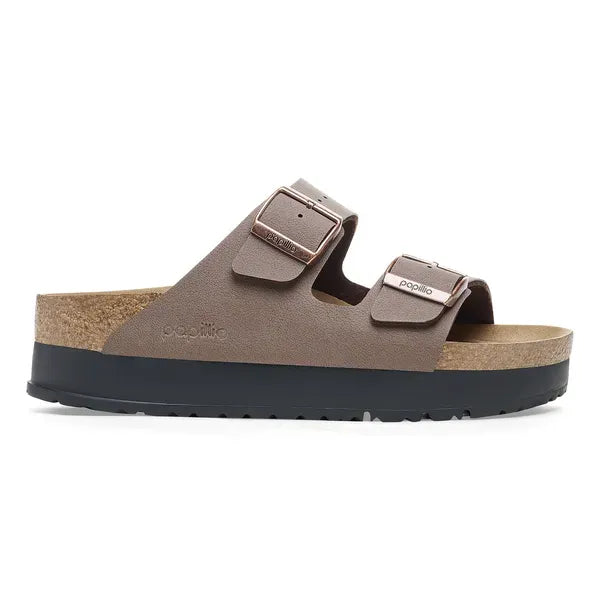 Birkenstock Arizona Flex Platform women's narrow mocha slide sandal with arch support and buckle straps.