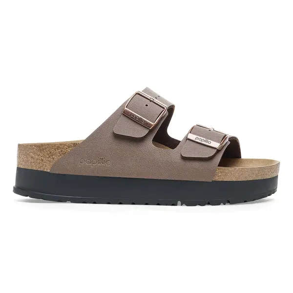 Birkenstock Arizona Flex Platform women's narrow mocha slide sandal with arch support and buckle straps.