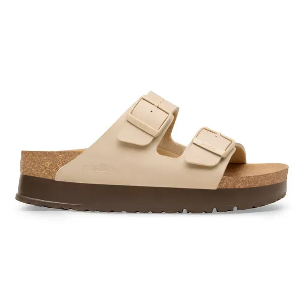 Birkenstock Arizona Flex Platform women's narrow sandal with arch support, buckle straps, beige upper, cushioned cork footbed, and platform sole.