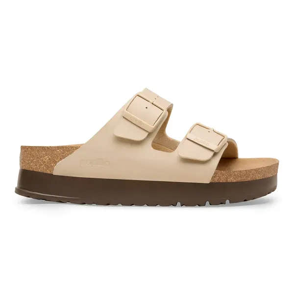 Birkenstock Arizona Flex Platform women's narrow sandal with arch support, buckle straps, beige upper, cushioned cork footbed, and platform sole.