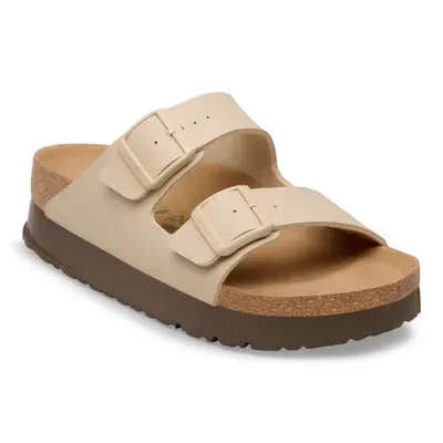 Birkenstock Arizona Flex Platform sandals for women, narrow fit, beige color, arch support, buckle straps, cushioned footbed.