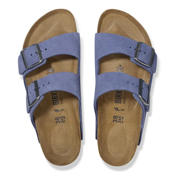 Birkenstock Arizona women's narrow fit suede sandals with purple dusk color, arch support, buckle straps, and cushioned footbed.