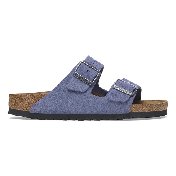 Birkenstock Arizona women's narrow purple dusk suede sandals with arch support and buckle straps.