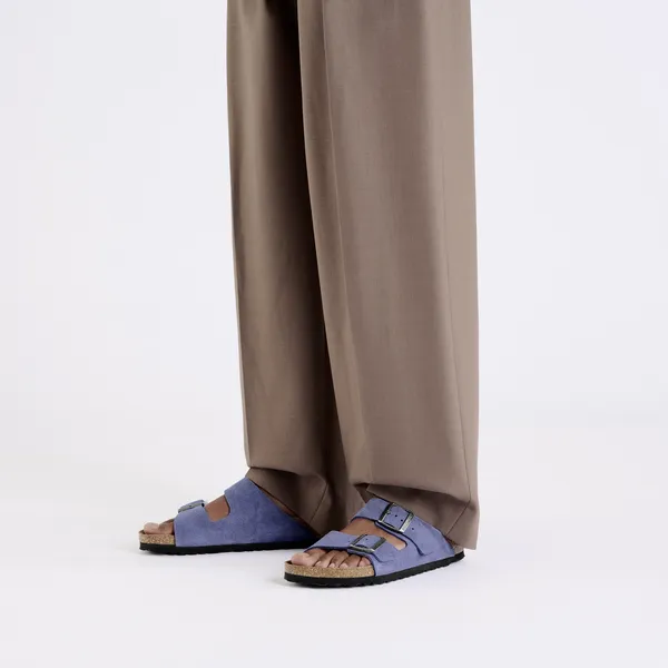 Birkenstock Arizona Ladies Narrow Purple Dusk Suede Arch Support Buckle Sandals, open-toe, casual footwear with adjustable straps.