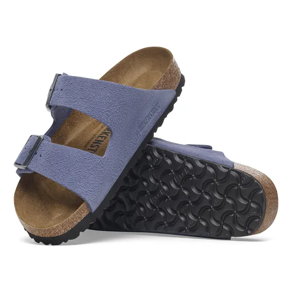 Birkenstock Arizona women's narrow purple dusk suede sandals with arch support and buckle closure.