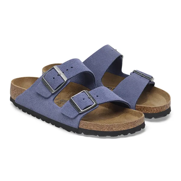 Birkenstock Arizona women's narrow purple dusk suede sandals with arch support and buckle straps.