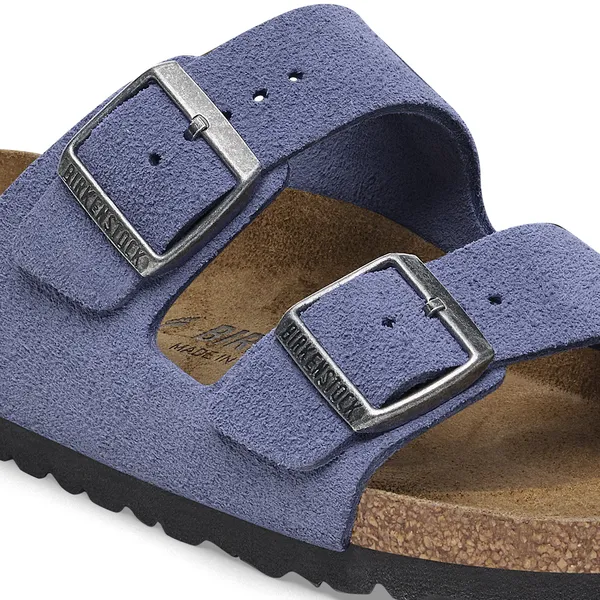 Birkenstock Arizona women's narrow purple dusk suede sandals with arch support and adjustable buckles.