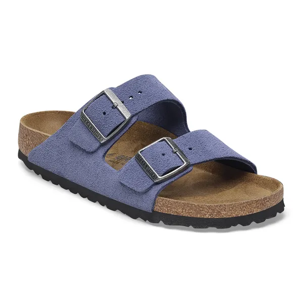 Birkenstock Arizona women's narrow purple dusk suede slide sandals with arch support and buckle straps.