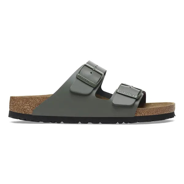 Unisex Birkenstock Arizona leather thong sandal with adjustable buckles, thyme leather straps, cork footbed, and arch support.