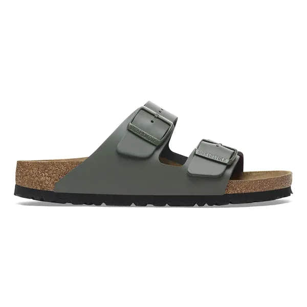 Unisex Birkenstock Arizona leather thong sandal with adjustable buckles, thyme leather straps, cork footbed, and arch support.