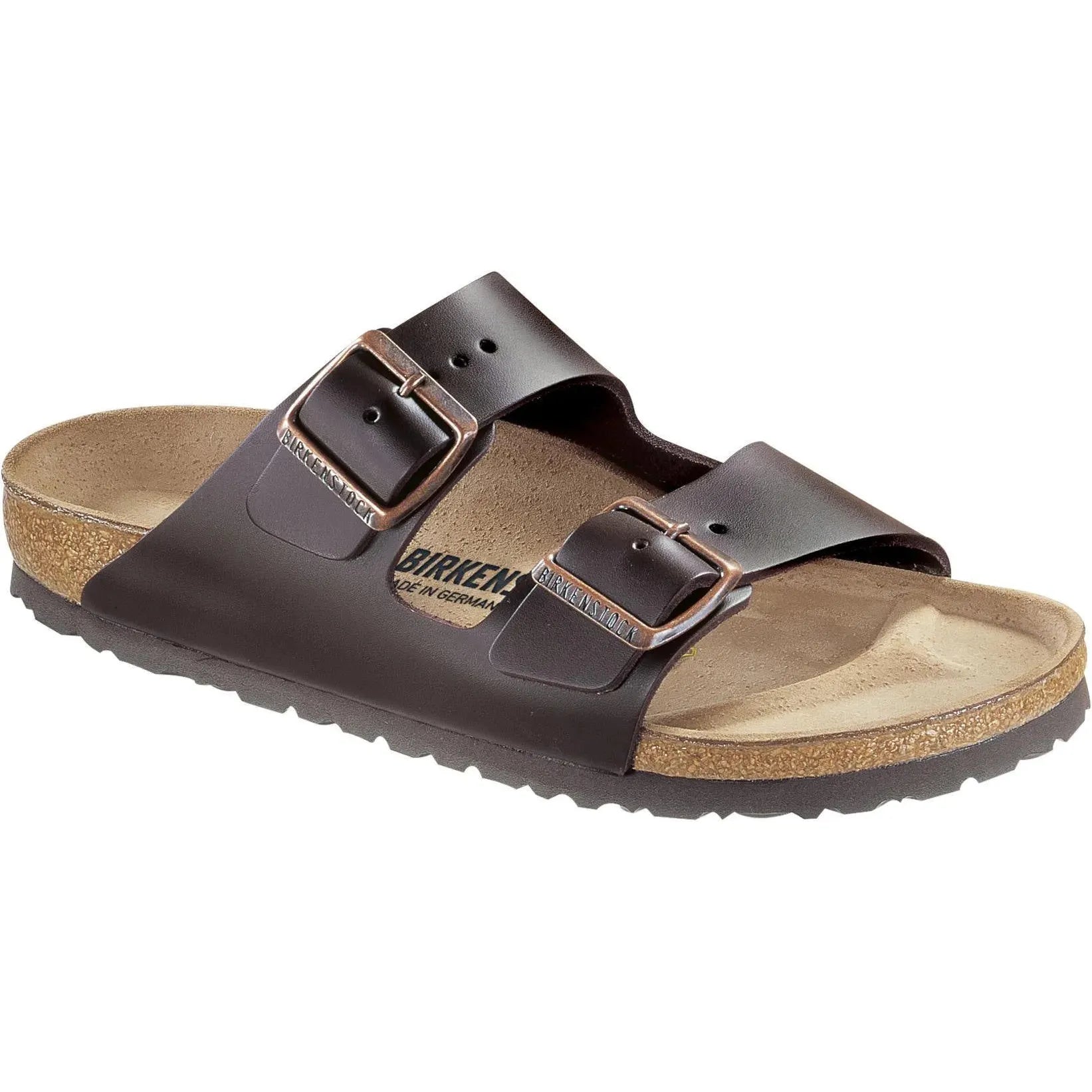 Unisex dark brown leather Birkenstock Arizona sandal with buckle straps, cork footbed, and arch support.