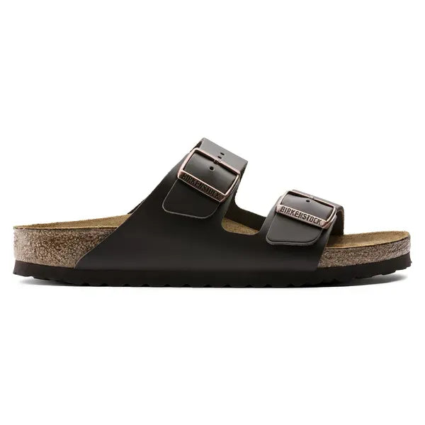 Birkenstock Arizona leather unisex narrow dark brown slide sandals with arch support and buckle straps.