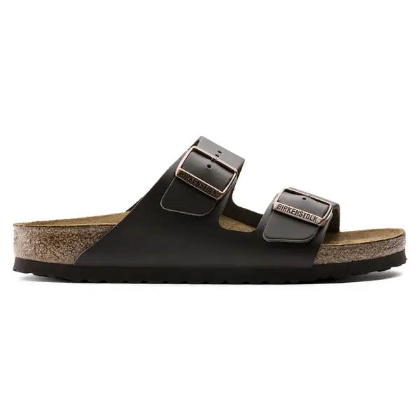Birkenstock Arizona leather unisex narrow dark brown slide sandals with arch support and buckle straps.