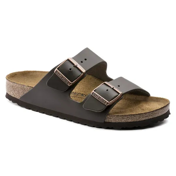 Birkenstock Arizona Unisex Leather Sandals, Dark Brown, Narrow fit, arch support, buckle straps, cork footbed.