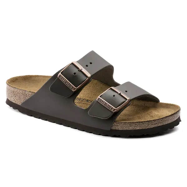 Birkenstock Arizona Unisex Leather Sandals, Dark Brown, Narrow fit, arch support, buckle straps, cork footbed.
