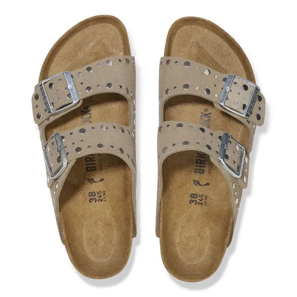 Birkenstock Arizona Rivets Suede sandals for women, taupe narrow fit, arch support, double buckle straps.