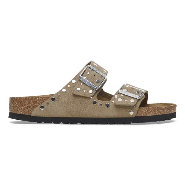 Birkenstock Arizona Rivets Suede women's taupe slide sandals with arch support and buckle straps.