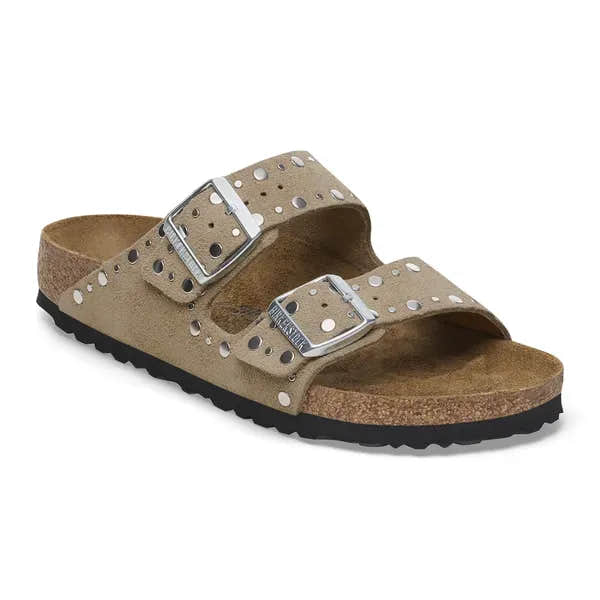Birkenstock Arizona Rivets Suede sandals for women, taupe, narrow fit, arch support, buckle design, open-toe, casual footwear.