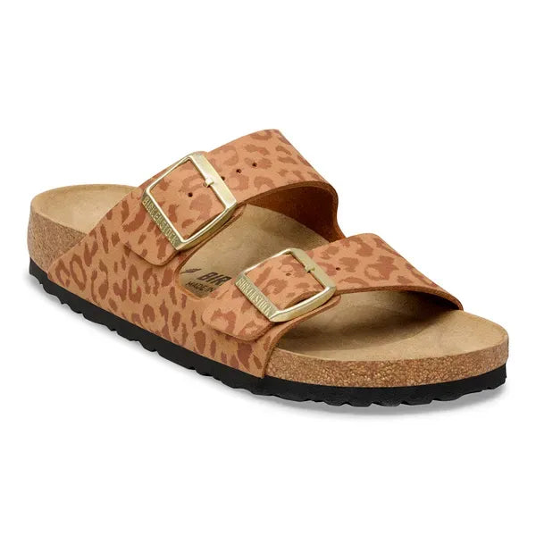 Birkenstock Arizona women's narrow fit sandal, leopard print synthetic upper, arch support, buckle closure, Pecan color.