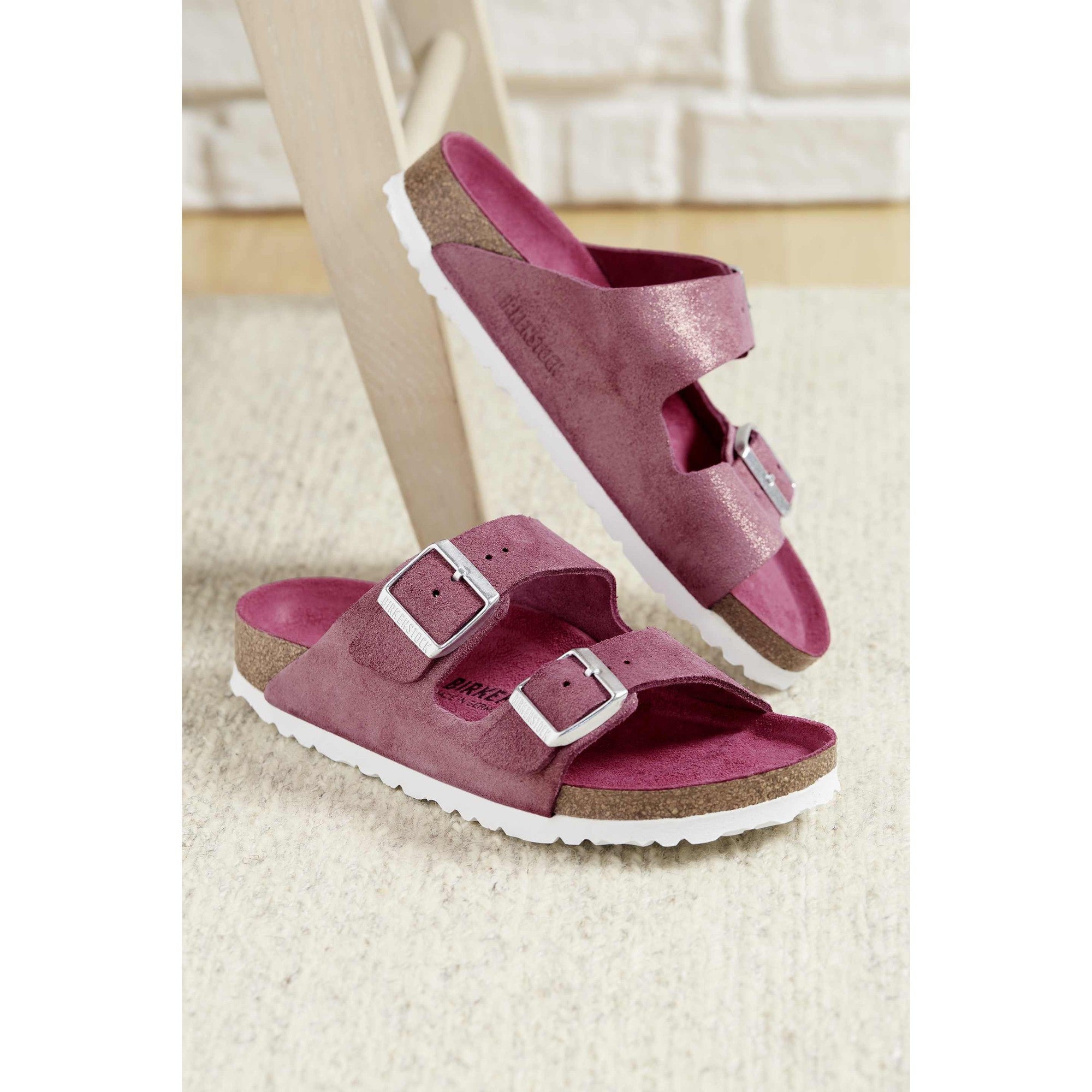 Birkenstock Arizona VL Shimmering 1024218 Ladies Fuchsia Tulip Suede Arch Support Slip On Sandals-elevate your sole