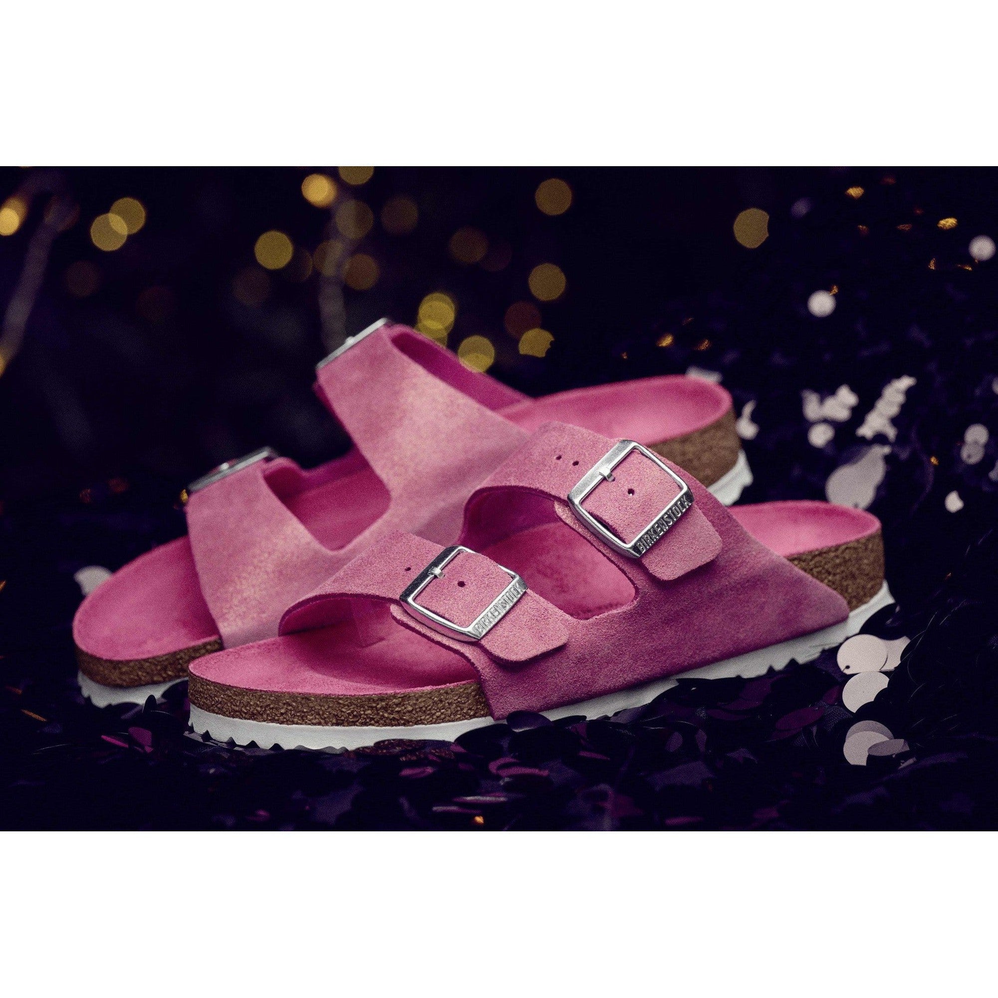 Birkenstock Arizona VL Shimmering 1024218 Ladies Fuchsia Tulip Suede Arch Support Slip On Sandals-elevate your sole