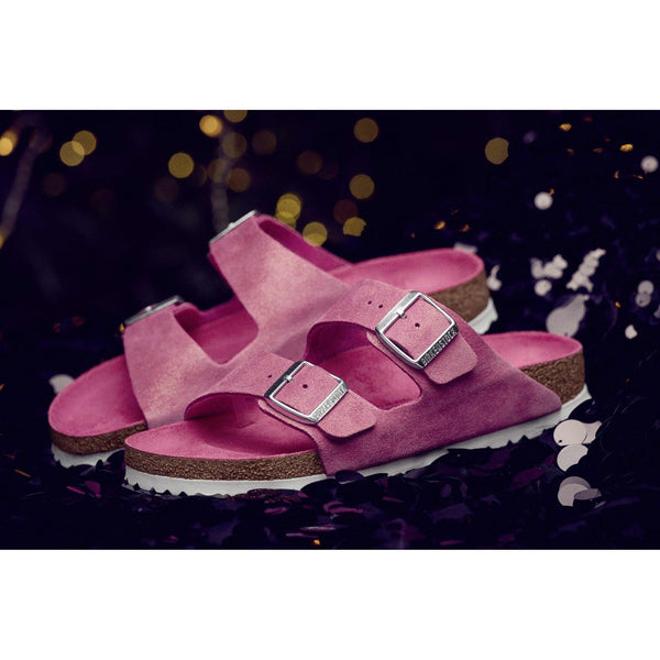 Birkenstock Arizona VL Shimmering 1024218 Ladies Fuchsia Tulip Suede Arch Support Slip On Sandals-elevate your sole