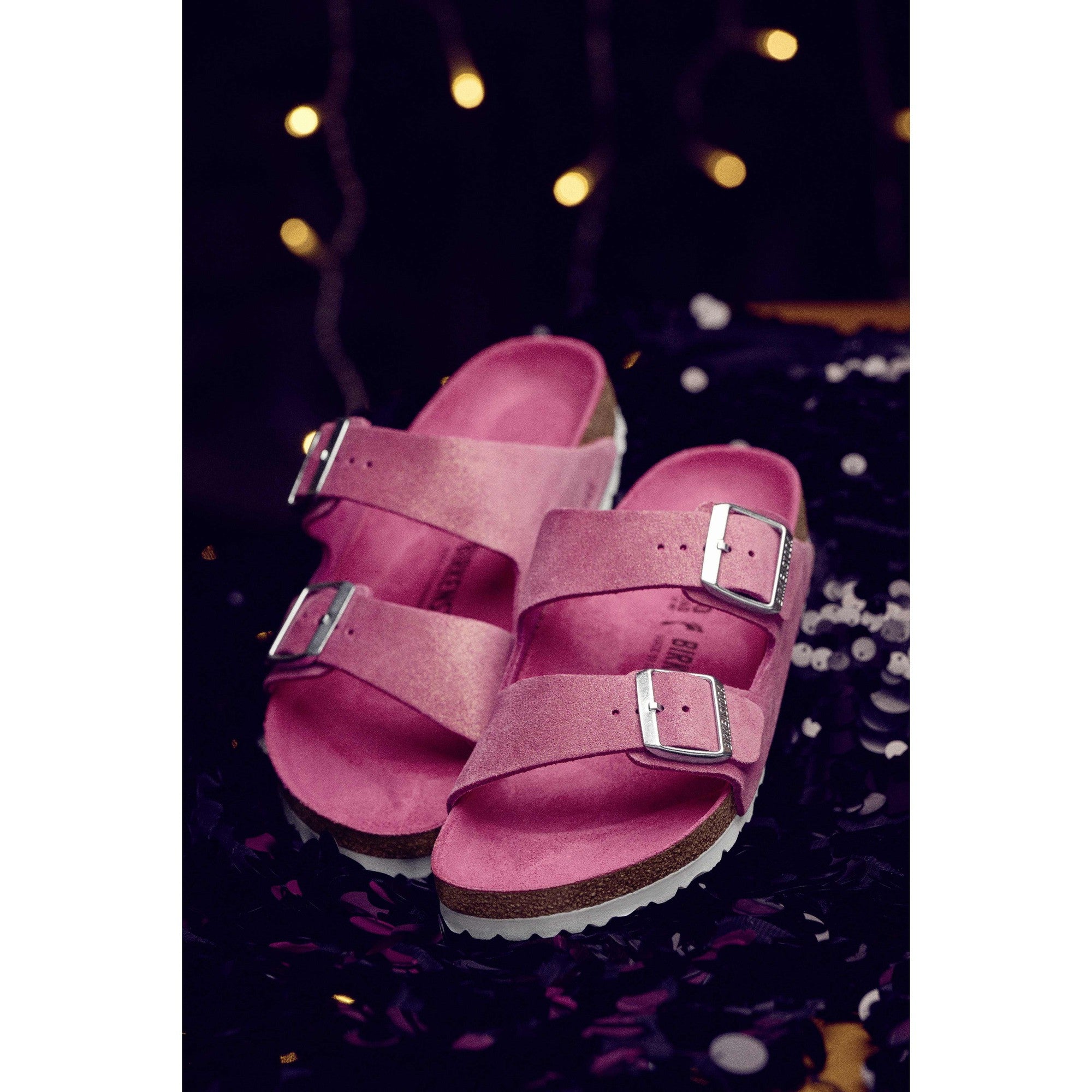 Birkenstock Arizona VL Shimmering 1024218 Ladies Fuchsia Tulip Suede Arch Support Slip On Sandals-elevate your sole