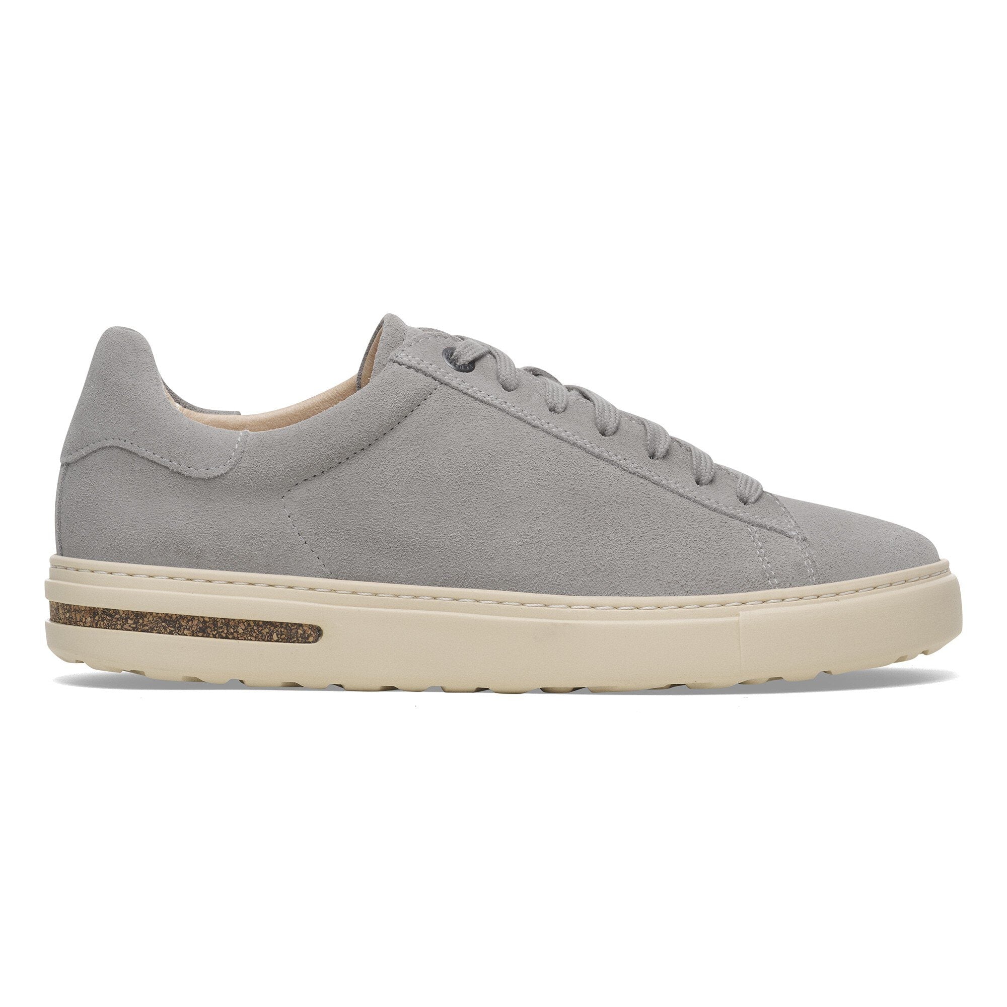 Birkenstock Bend Low Ladies Stone Coin suede lace-up trainers with arch support and beige outsole.