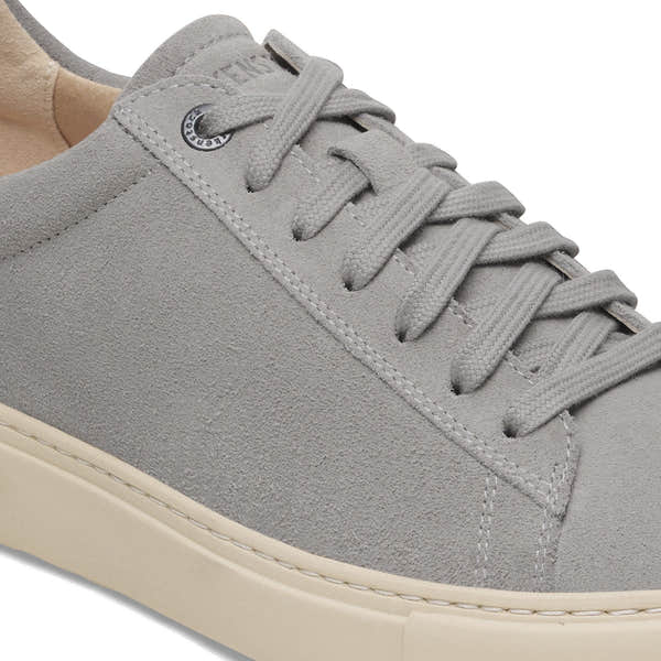 Birkenstock Bend Low Ladies Stone Coin Suede Lace-Up Trainers with arch support and beige sole.