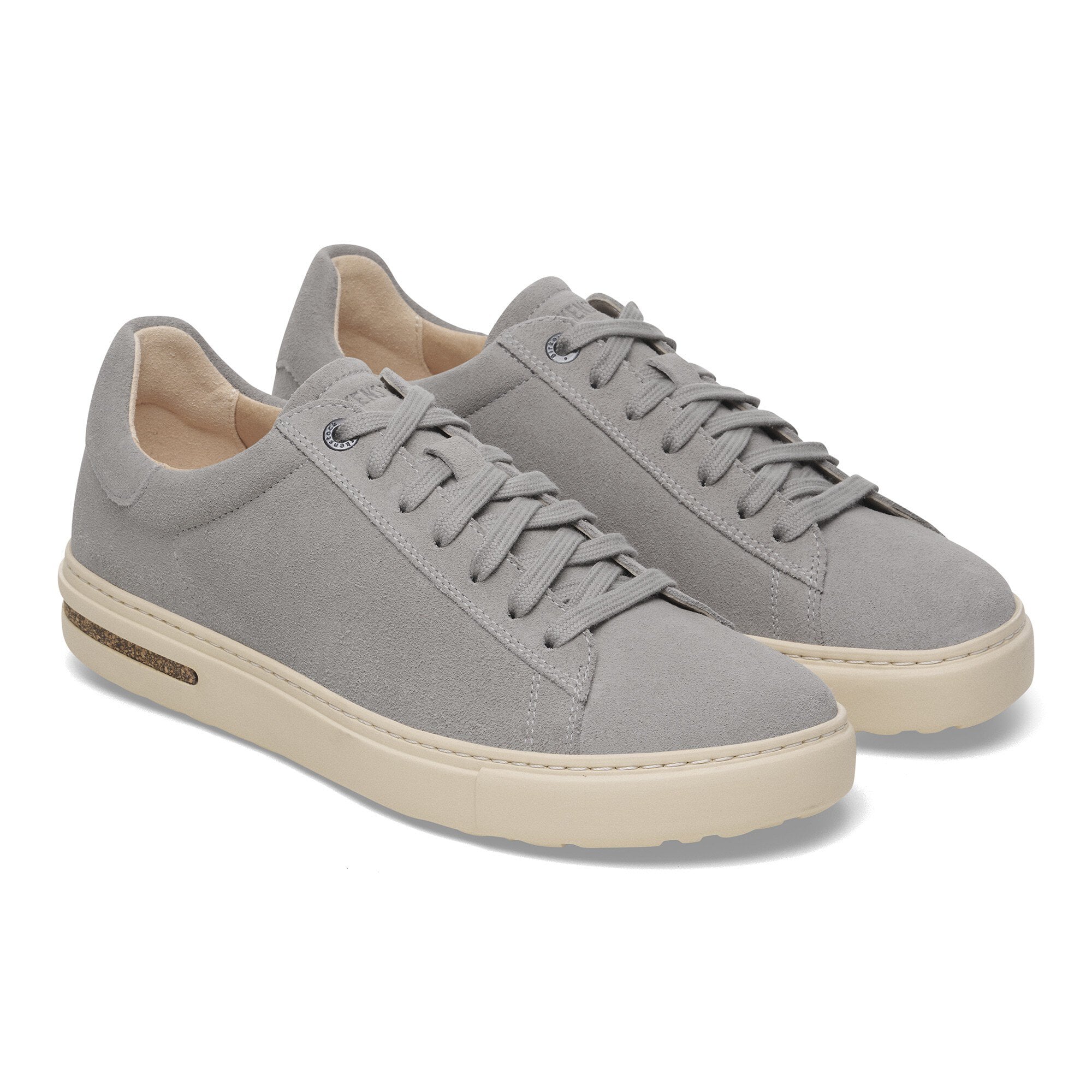 Birkenstock Bend Low Ladies Stone Suede Lace-Up Trainers with arch support and cream rubber soles.