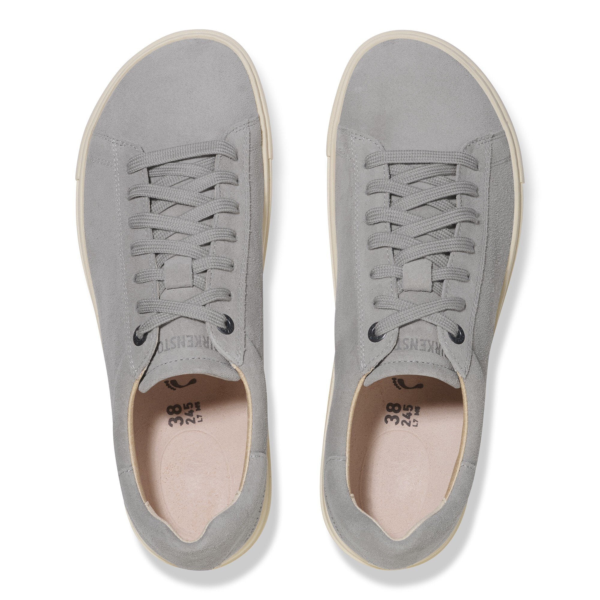 Grey suede Birkenstock Bend Low Ladies lace-up trainers with arch support and beige rubber soles.