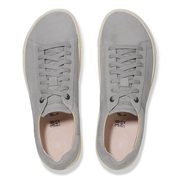 Grey suede Birkenstock Bend Low Ladies lace-up trainers with arch support and beige rubber soles.