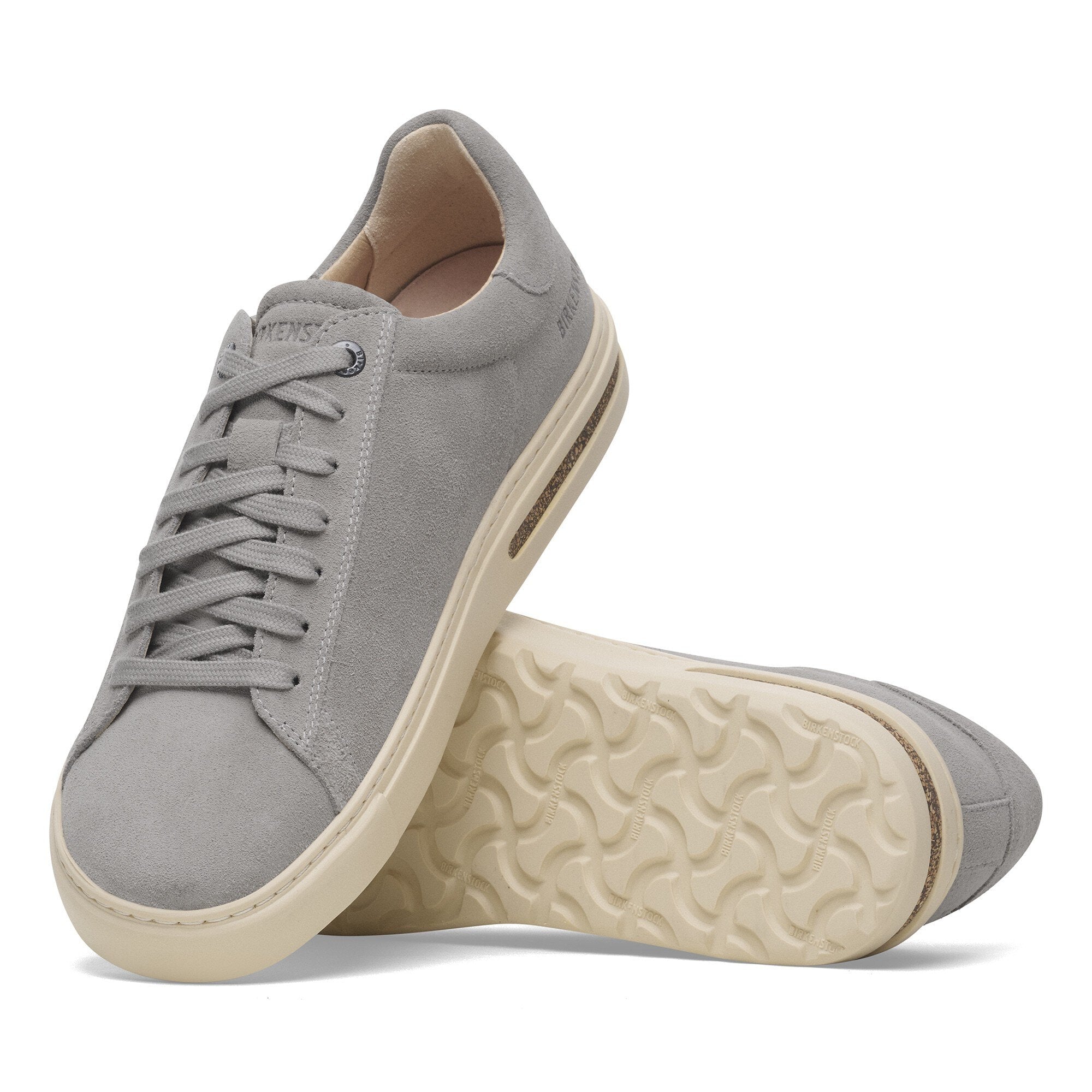 Birkenstock Bend Low Women's stone suede lace-up trainers with arch support and beige sole.