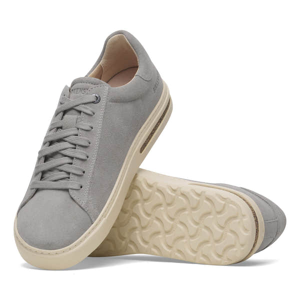 Birkenstock Bend Low Women's stone suede lace-up trainers with arch support and beige sole.