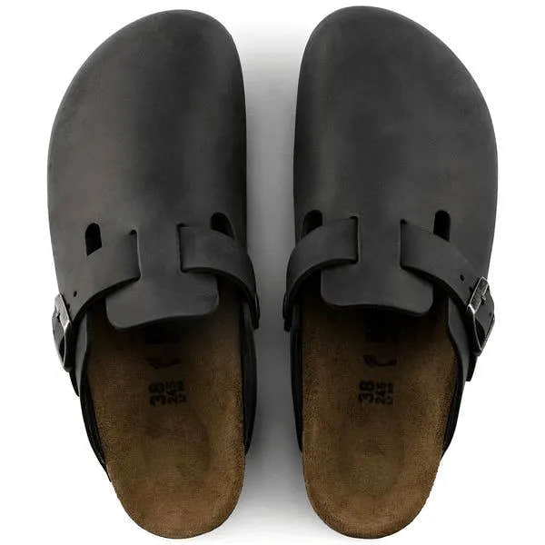 Birkenstock Boston Mens Black Leather Arch Support Slip On Mules-elevate your sole