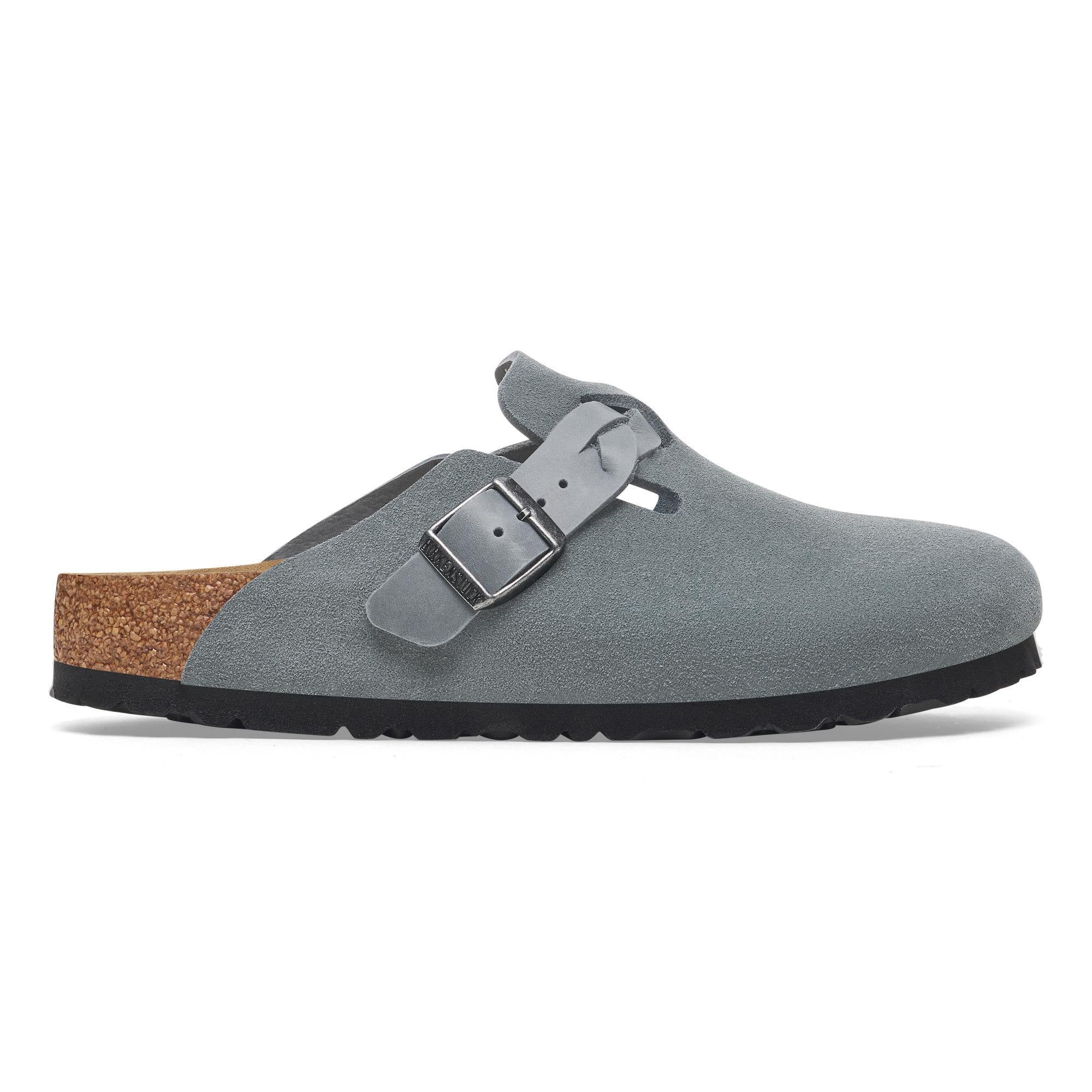 Birkenstock Boston Braided Ladies Basalt Grey suede moccasin-style clogs with arch support, buckle closure, and cork footbed.