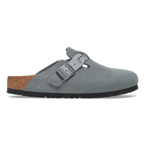 Birkenstock Boston Braided Ladies Basalt Grey suede moccasin-style clogs with arch support, buckle closure, and cork footbed.