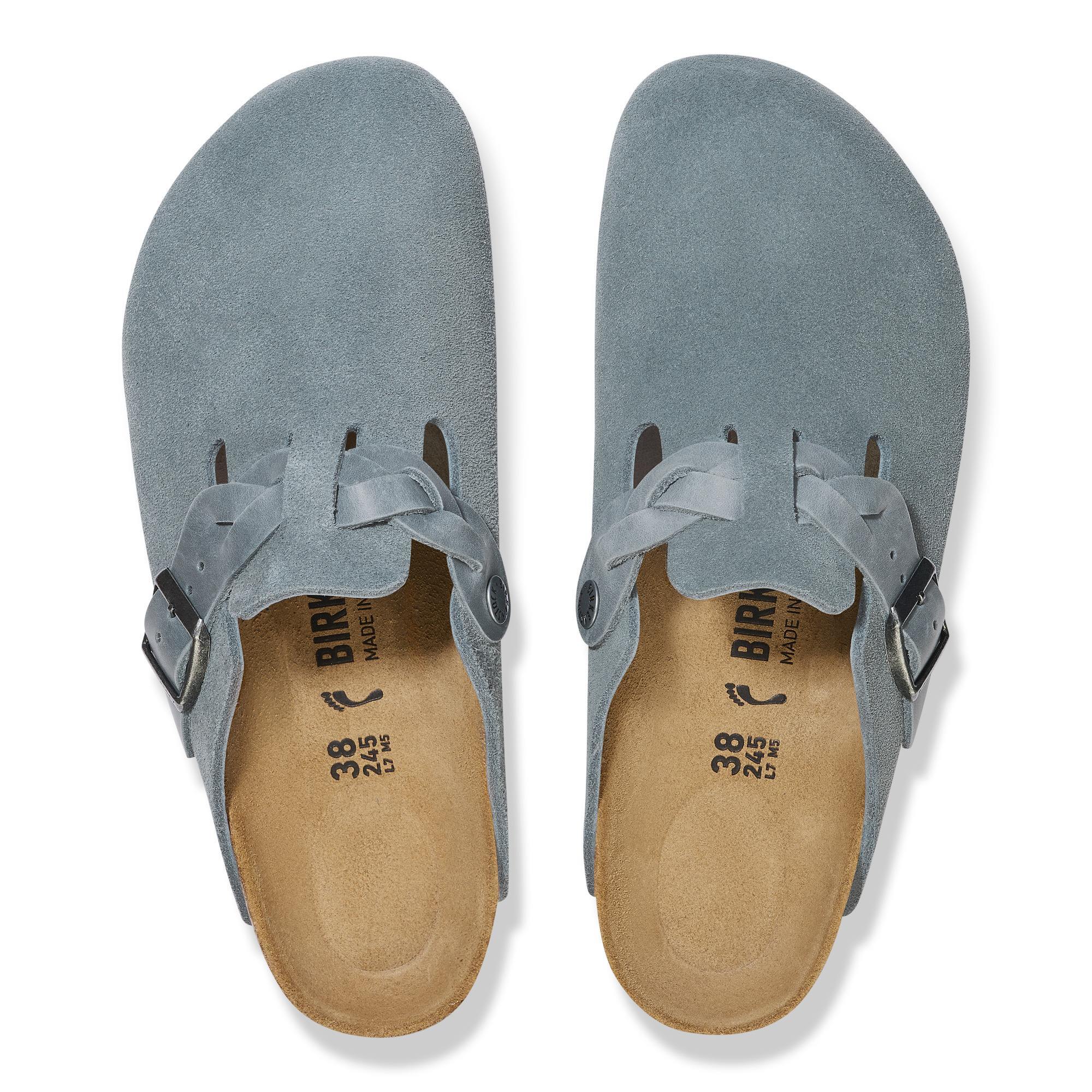 Birkenstock Boston braided ladies' Basalt Grey suede mule sandals with arch support and buckle closure.