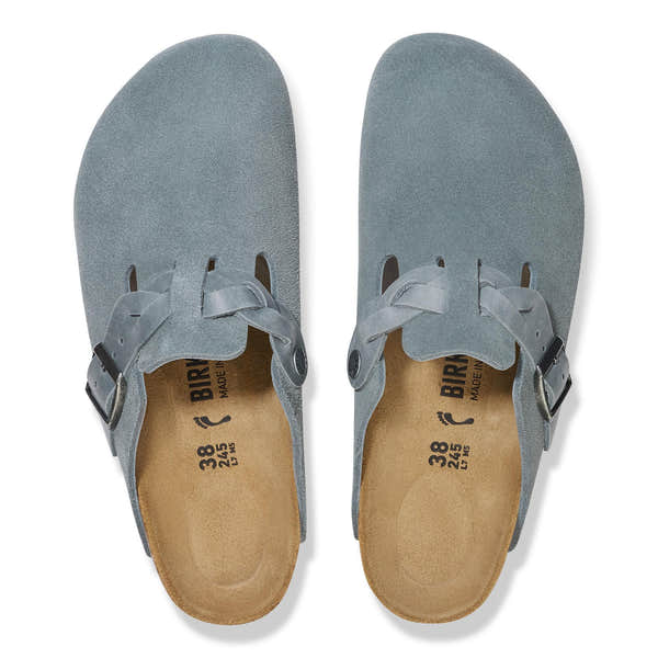 Birkenstock Boston braided ladies' Basalt Grey suede mule sandals with arch support and buckle closure.