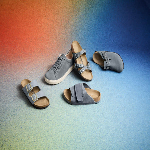 Birkenstock Boston braided ladies grey suede arch support mule shoes with buckle, slip-on sandals, and casual sneakers.