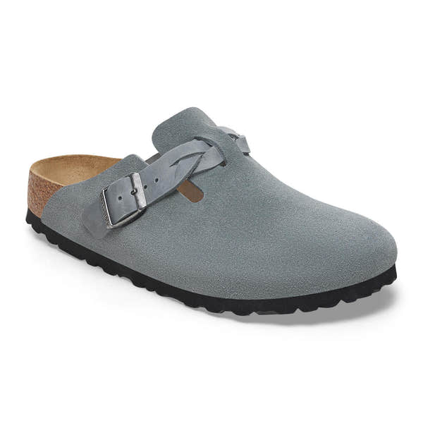 Birkenstock Boston braided women's grey suede clog with arch support, buckle strap, and slip-on design.