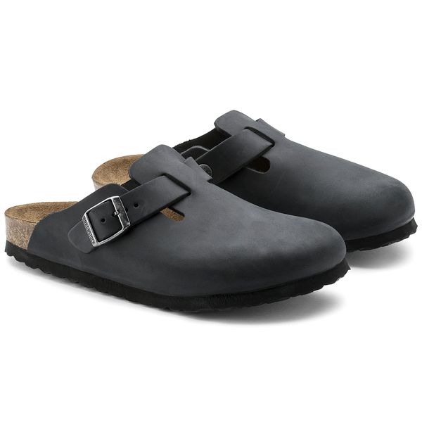 Birkenstock Boston Mens Black Leather Arch Support Slip On Mules-elevate your sole