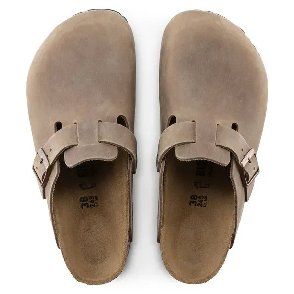 Birkenstock Boston Oiled Leather 960813 Unisex Narrow Tobacco Brown Nubuck Arch Support Buckle Sandals